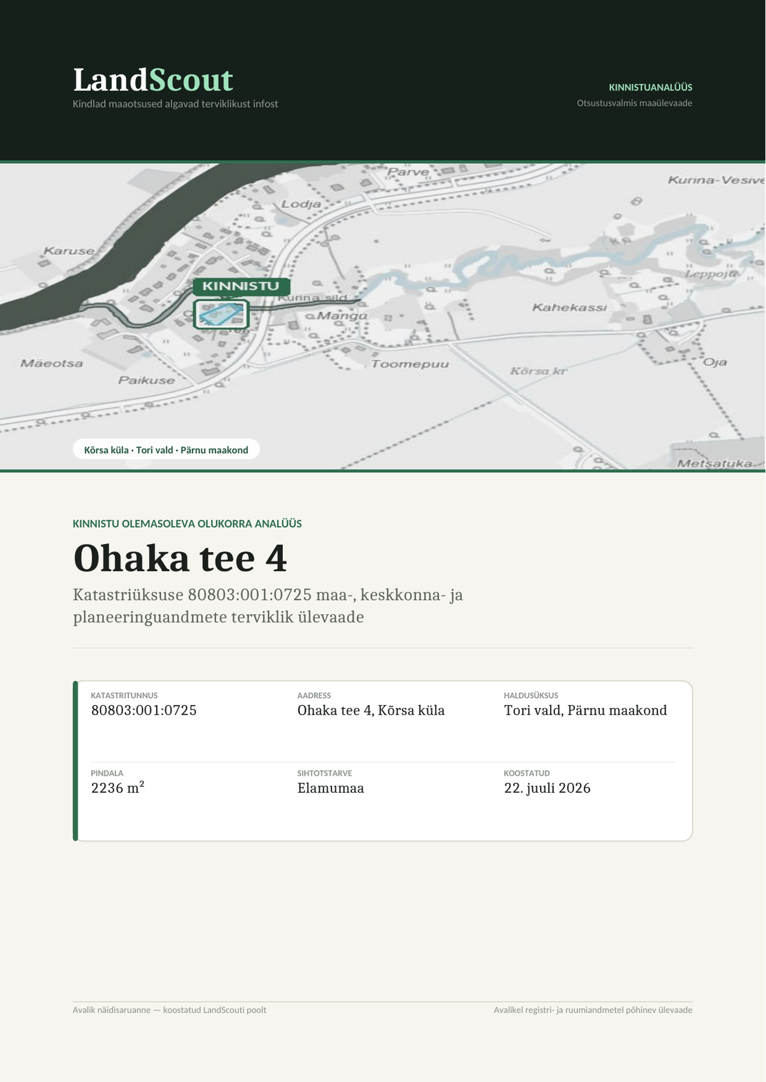 LandScouti näidisaruande tiitelleht — Ohaka tee 4, Kõrsa küla